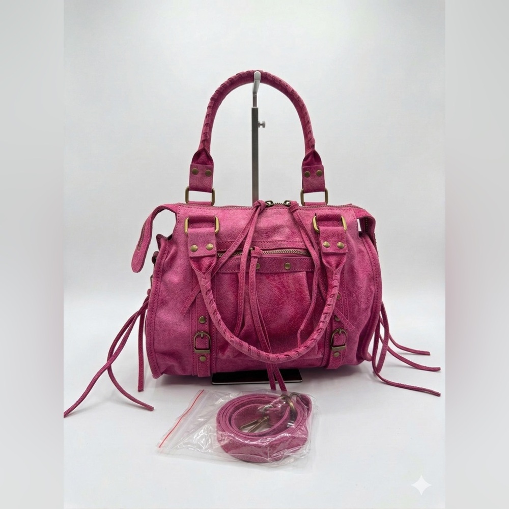 Pink Genuine Leather Handbag Made in Italy Suede Crossbody Bag - Picture 2 of 9